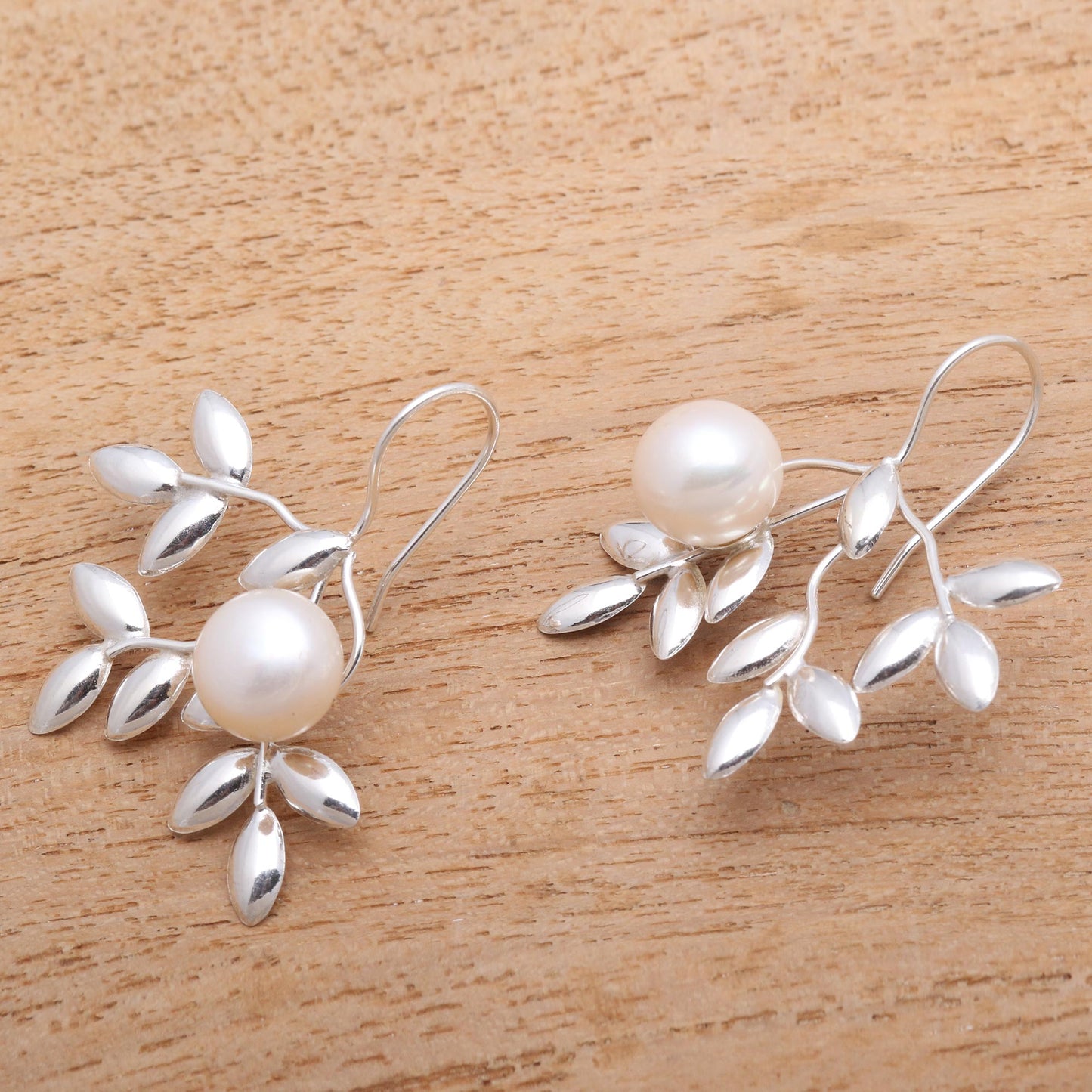 Ripe Leafy Cultured Pearl Drop Earrings from Bali