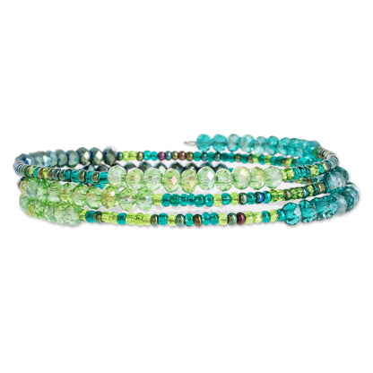 Ocean Siren Glass and Crystal Beaded Wrap Bracelet in Green