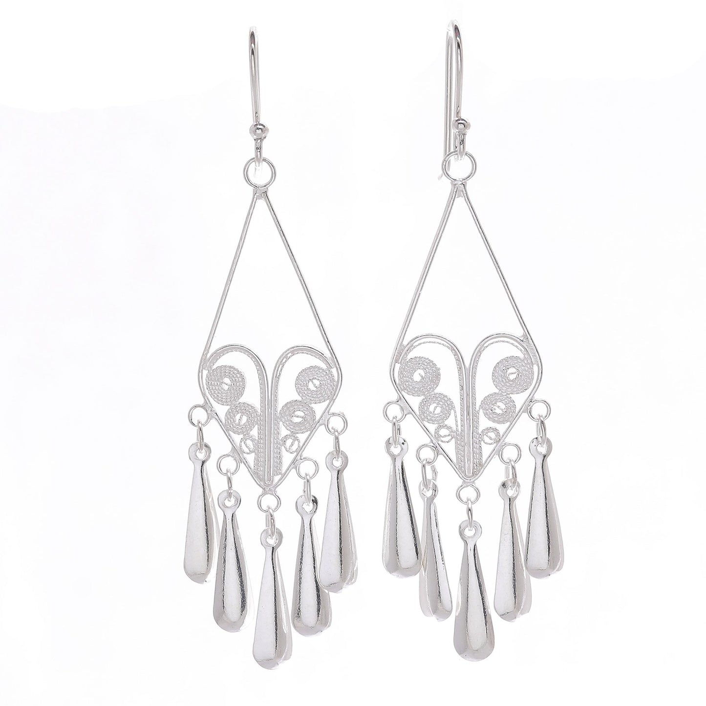 Diamond Fountains Handmade Sterling Silver Filigree Dangle Earrings