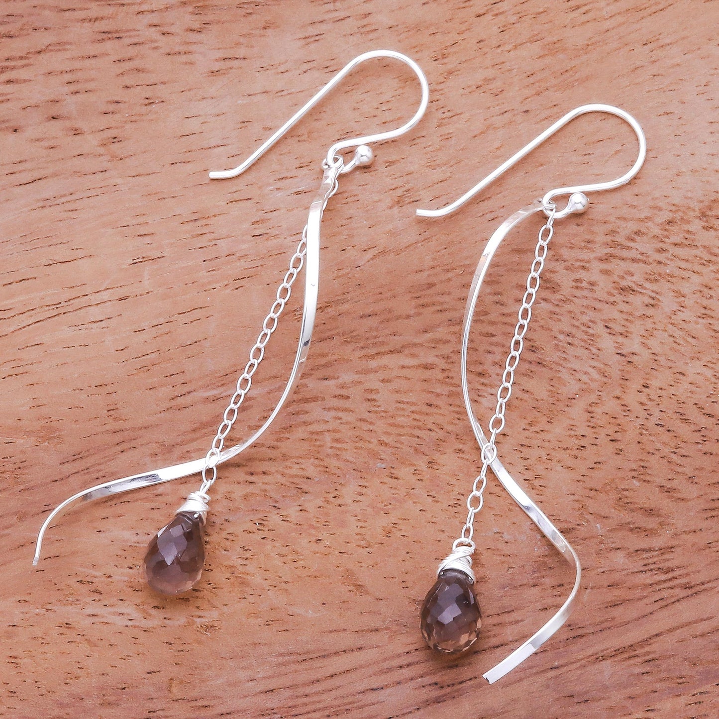 Solar Spin Smoky Quartz Dangle Earrings with Sterling Spirals