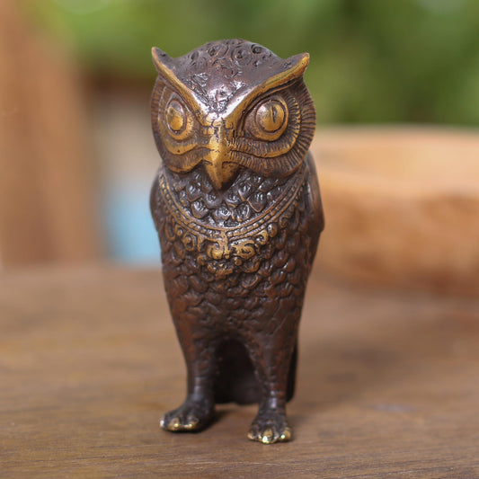 Gleaming Owl Antiqued Bronze Owl Figurine Crafted in Bali