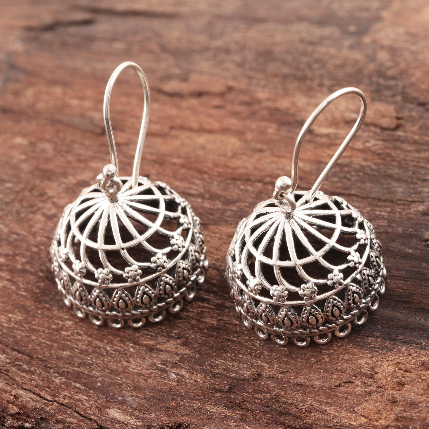 Intricate Jhumki Openwork Sterling Silver Jhumki Dangle Earrings from India