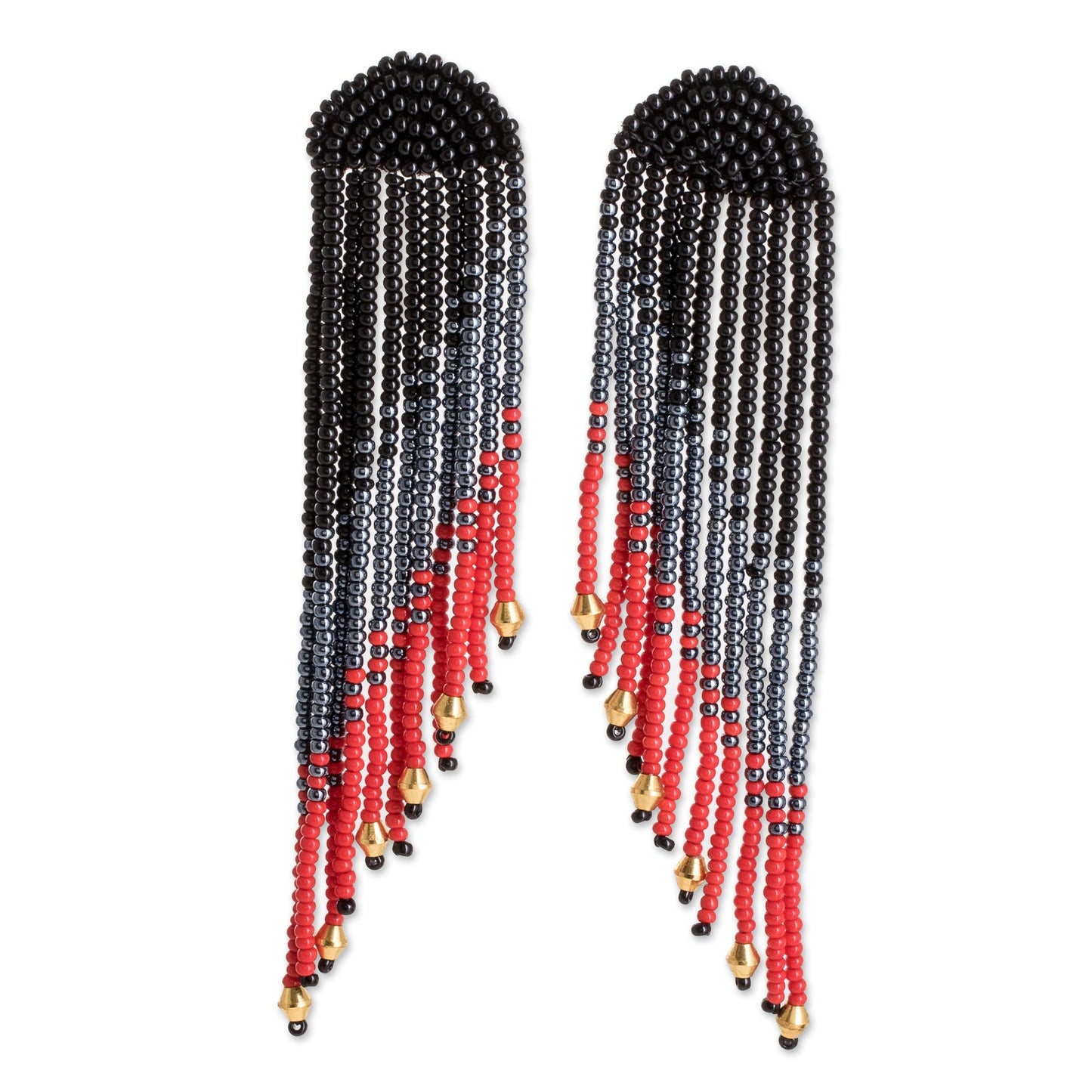 Dramatic Cascade Long Beaded Waterfall Earrings in Black, Grey and Red