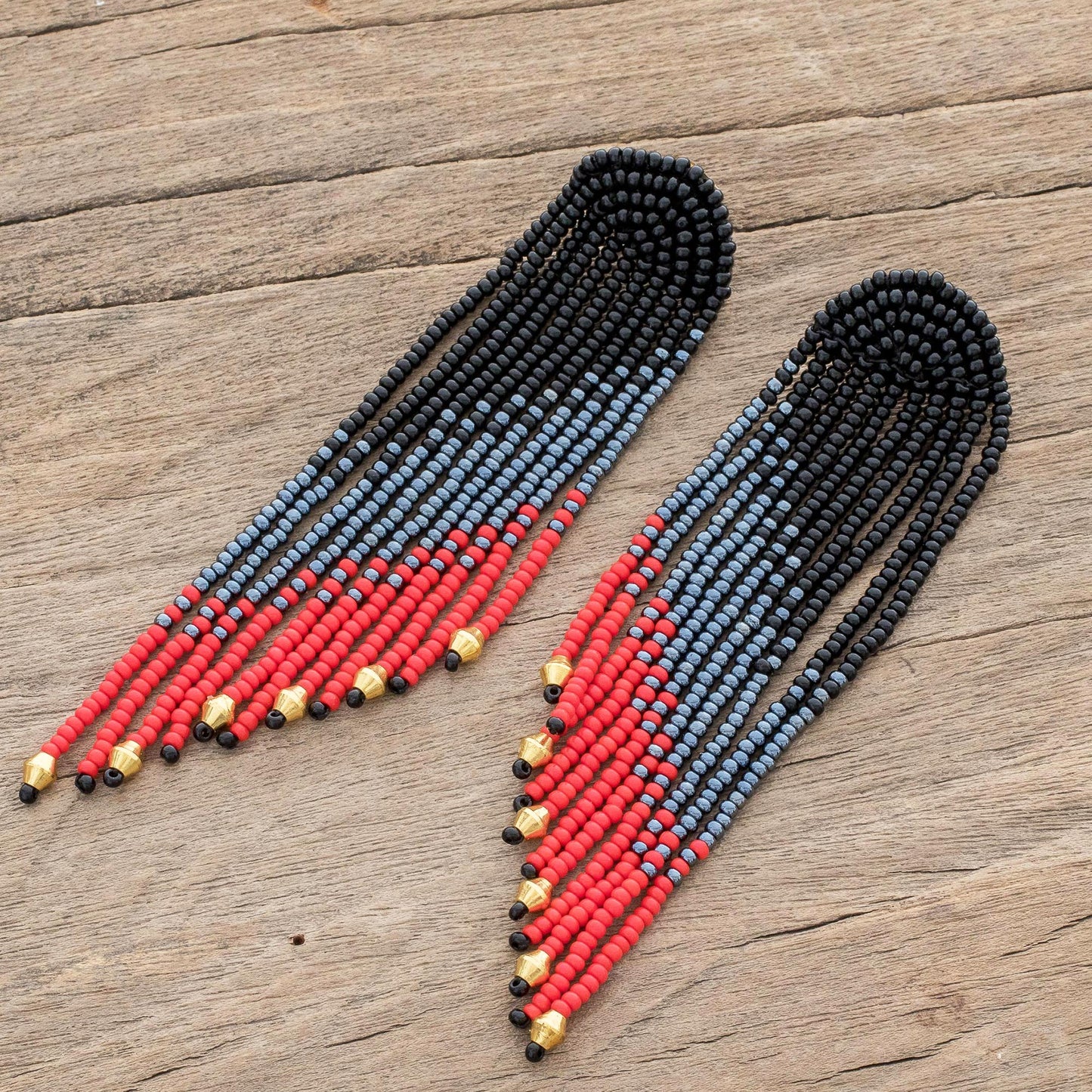 Dramatic Cascade Long Beaded Waterfall Earrings in Black, Grey and Red