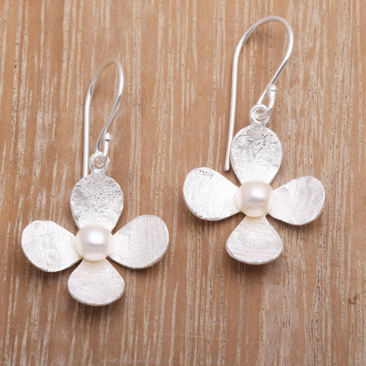 Mother's Day Blossom Floral Earrings of Brushed Silver and White Cultured Pearl