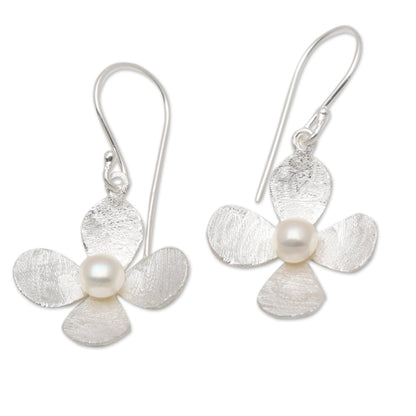 Mother's Day Blossom Floral Earrings of Brushed Silver and White Cultured Pearl