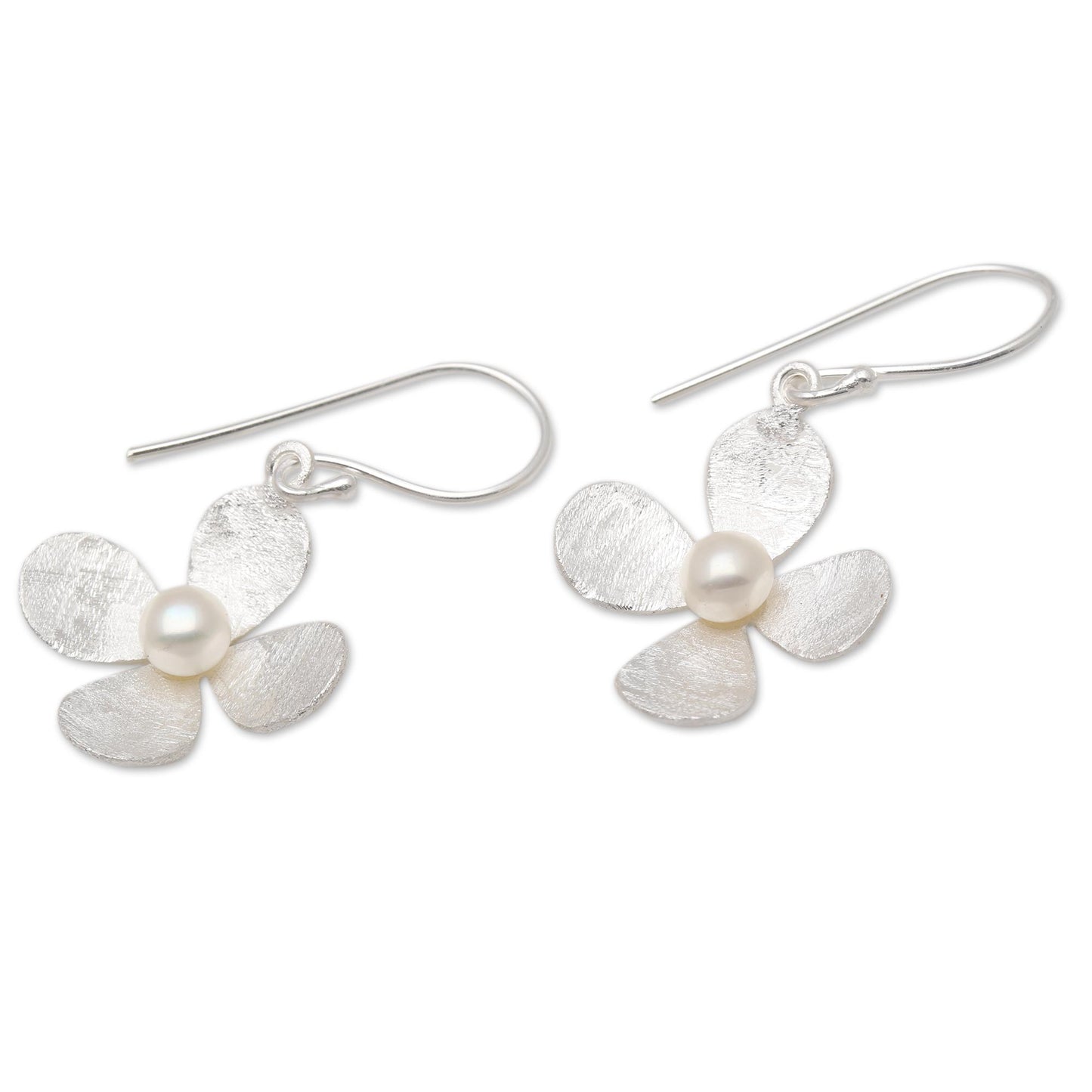 Mother's Day Blossom Floral Earrings of Brushed Silver and White Cultured Pearl