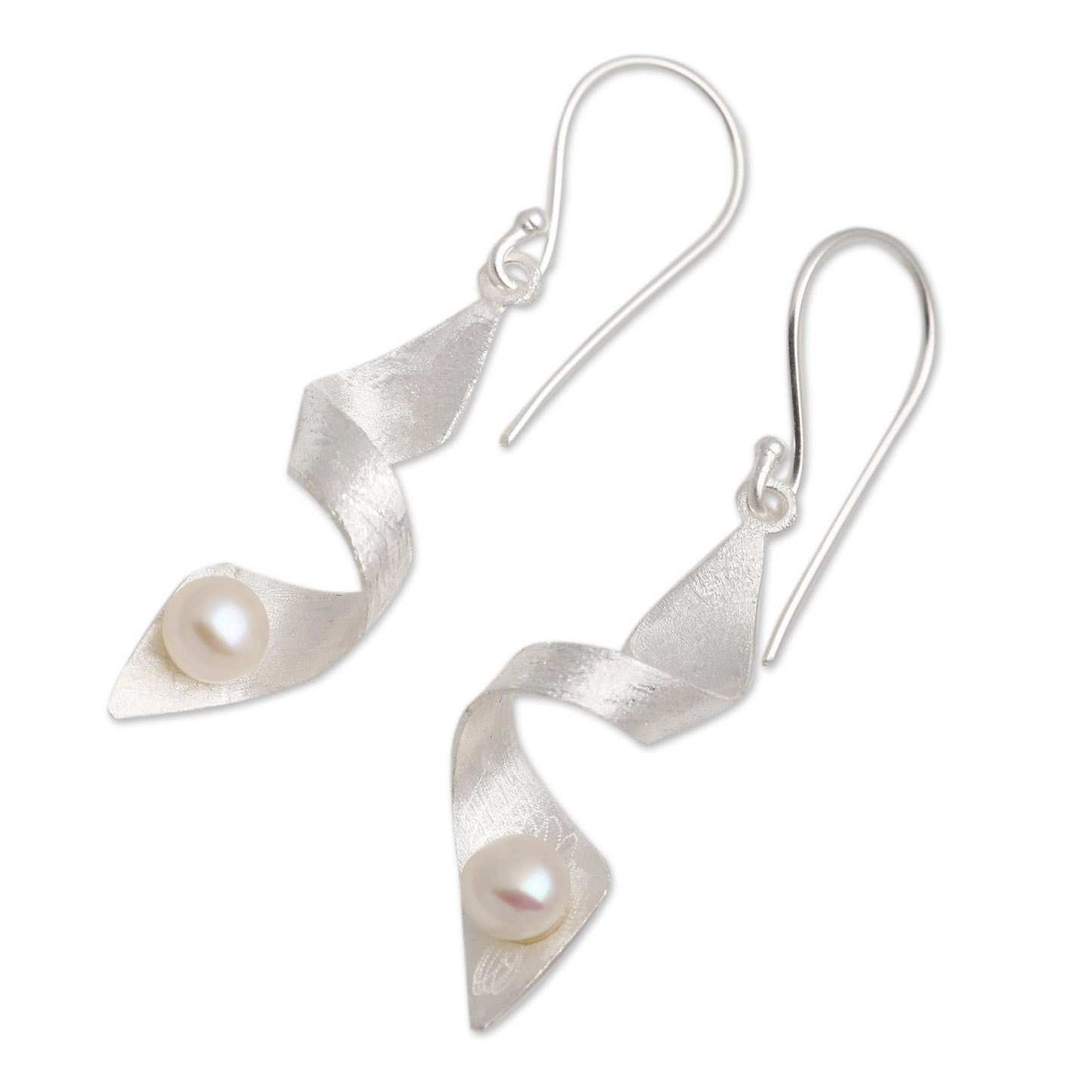 Ribbon Whirl Brushed Sterling Silver Earrings with White Cultured Pearl