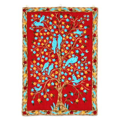 Abode of Birds II Bird-Themed Wool Chain Stitch Tapestry from India