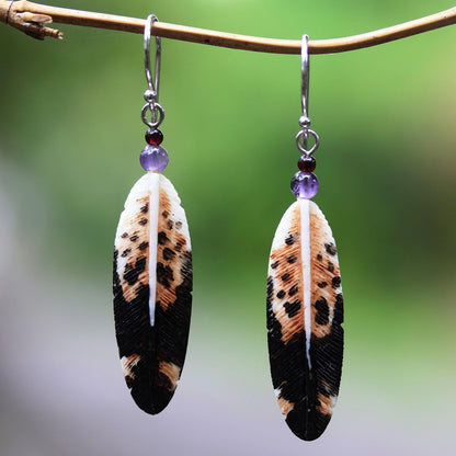 Fascinating Feathers Feather-Shaped Bone and Amethyst Dangle Earrings from Bali