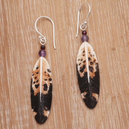 Fascinating Feathers Feather-Shaped Bone and Amethyst Dangle Earrings from Bali