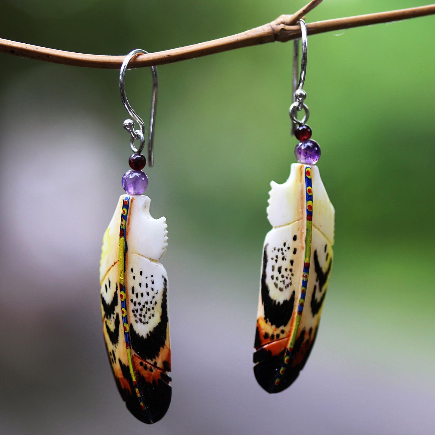 Delightful Feathers Hand-Carved Bone and Amethyst Feather Dangle Earrings