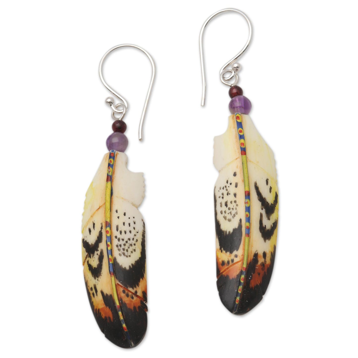 Delightful Feathers Hand-Carved Bone and Amethyst Feather Dangle Earrings