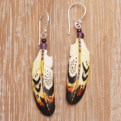 Delightful Feathers Hand-Carved Bone and Amethyst Feather Dangle Earrings