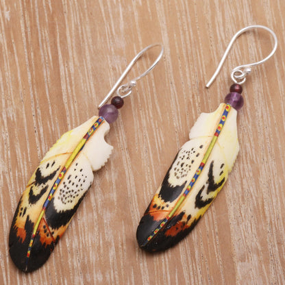 Delightful Feathers Hand-Carved Bone and Amethyst Feather Dangle Earrings