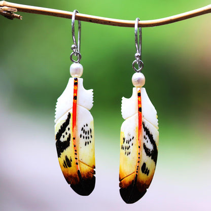 Stunning Feathers Bone and Cultured Pearl Feather Dangle Earrings from Bali