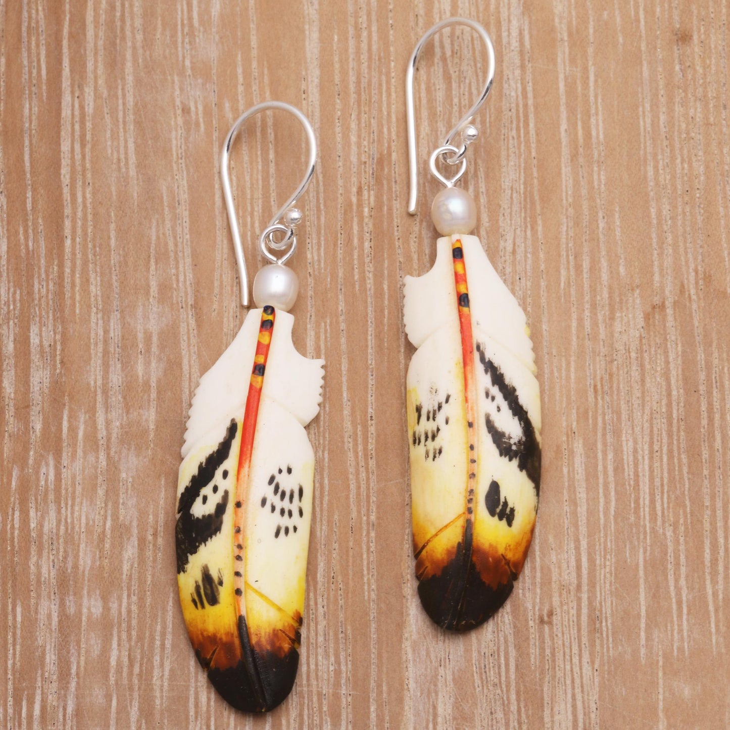 Stunning Feathers Bone and Cultured Pearl Feather Dangle Earrings from Bali