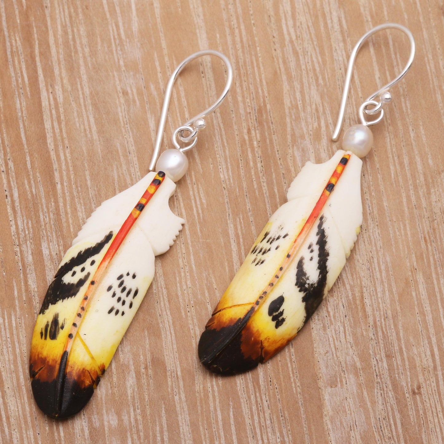 Stunning Feathers Bone and Cultured Pearl Feather Dangle Earrings from Bali