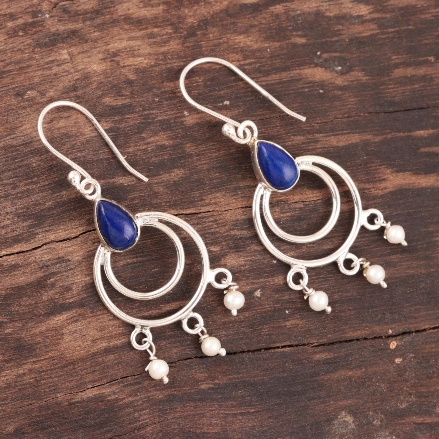 Royal Aesthetic Lapis Lazuli and Cultured Pearl Dangle Earrings from India