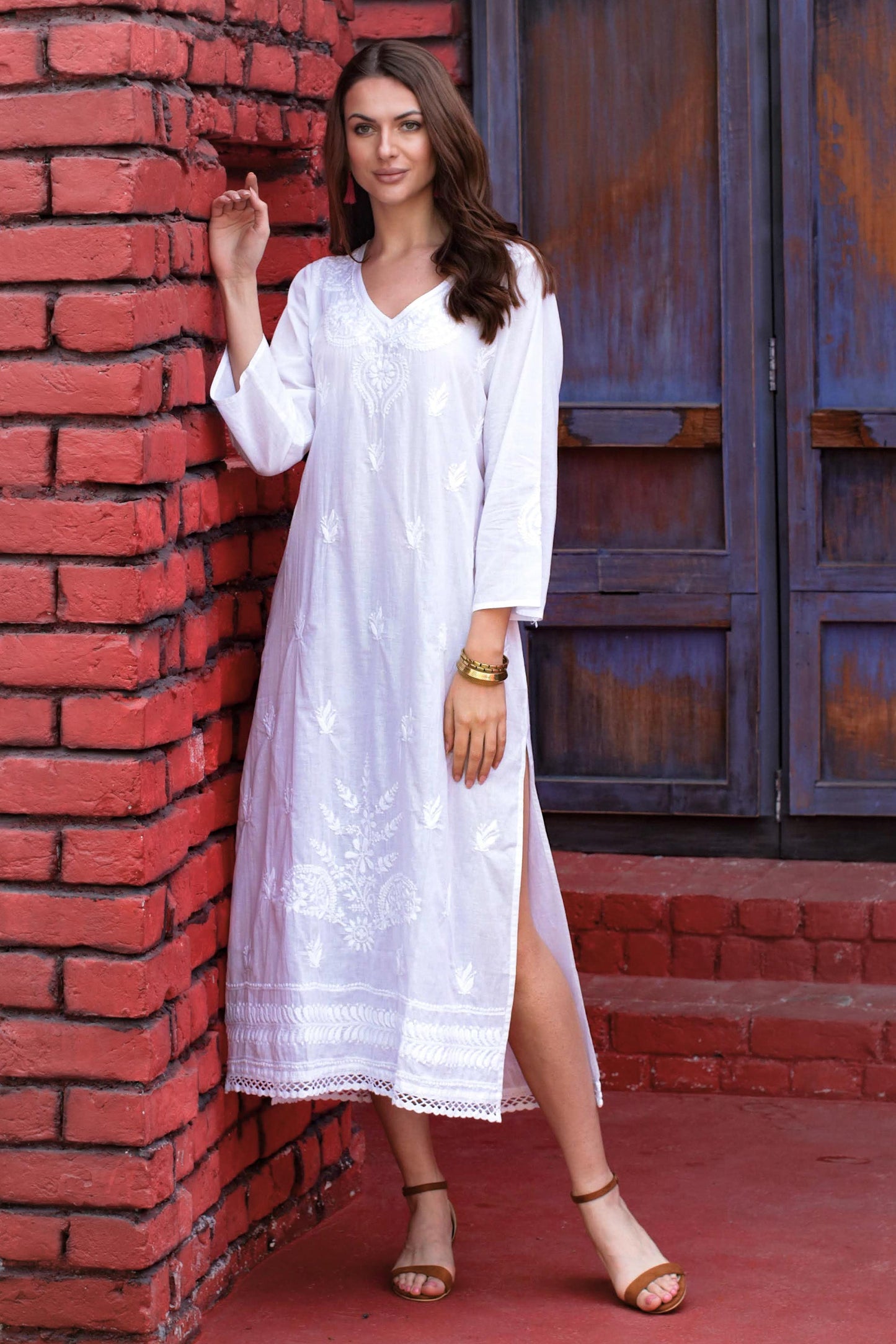 Lucknow Lily Long White Embroidered Caftan from India