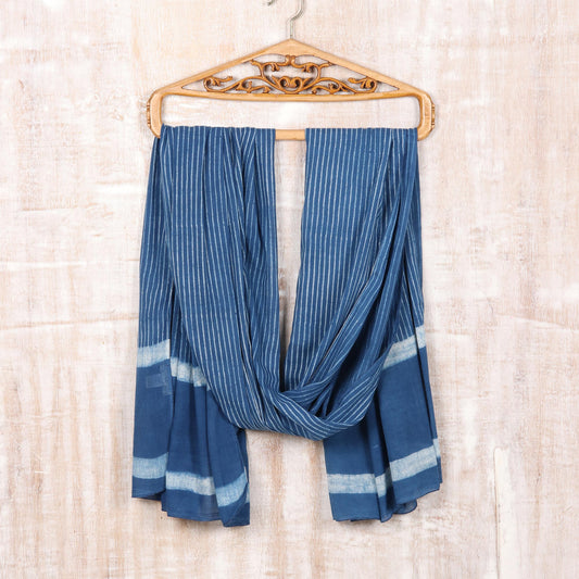 Dabu Blue Blue and White Mud Resist Striped Block Print Cotton Shawl