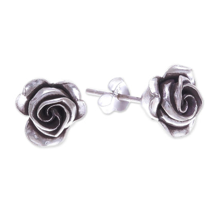 First Rose Thai Karen Hill Tribe Silver Flower Stud Earrings