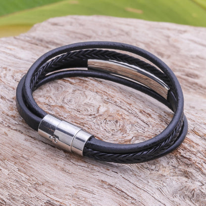 Mighty Strength in Black Leather Strand Bracelet in Black from Thailand