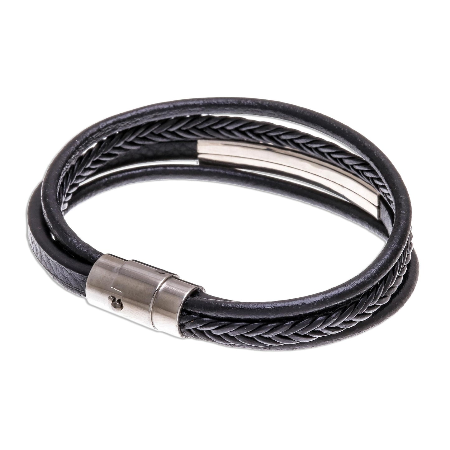 Mighty Strength in Black Leather Strand Bracelet in Black from Thailand