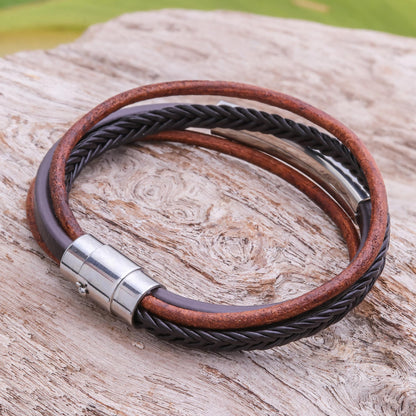 Mighty Strength in Brown Leather Strand Bracelet in Brown from Thailand