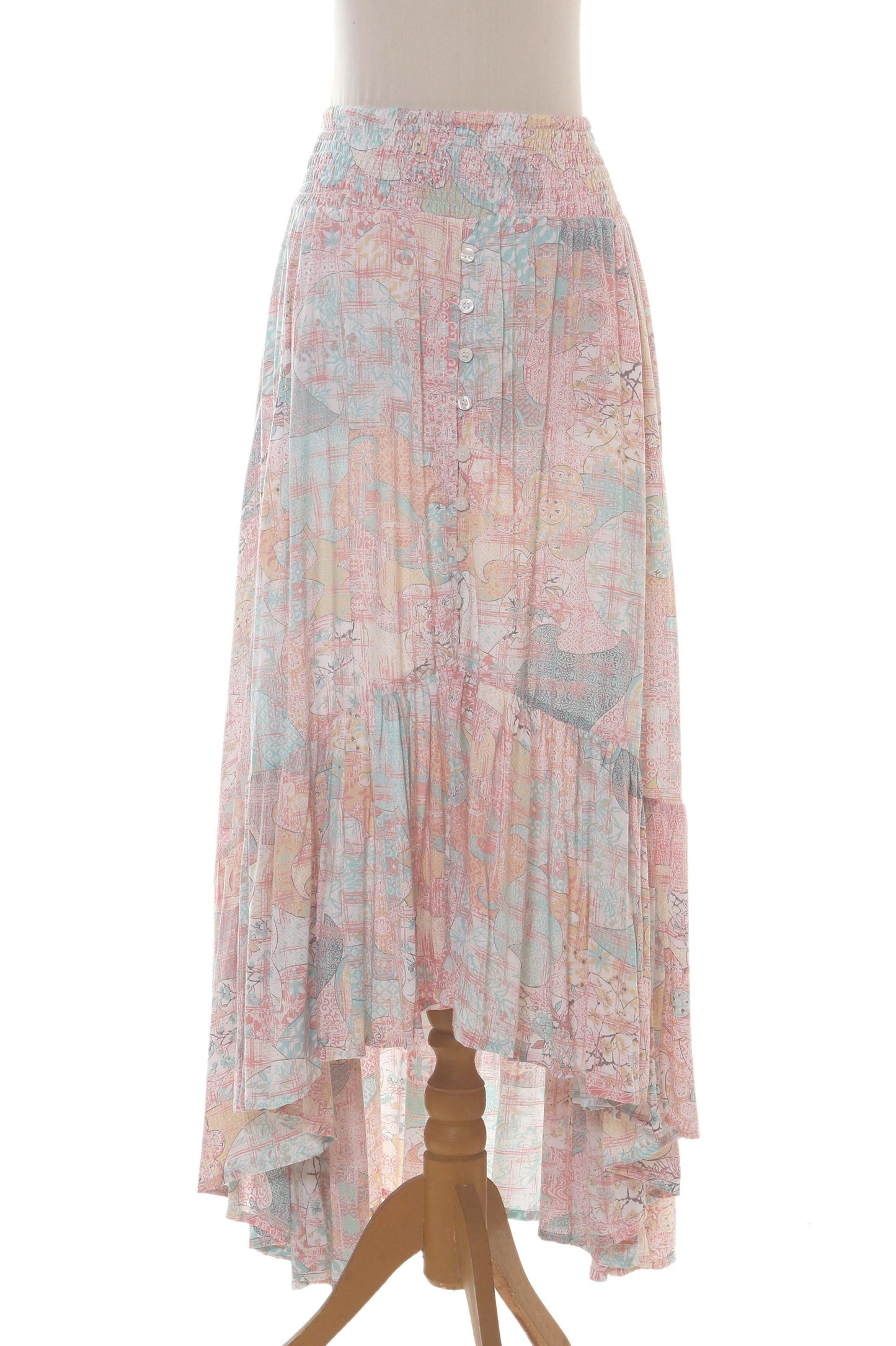 Sekar Jagad Pastel Pink and Aqua Print Rayon High-Low Skirt