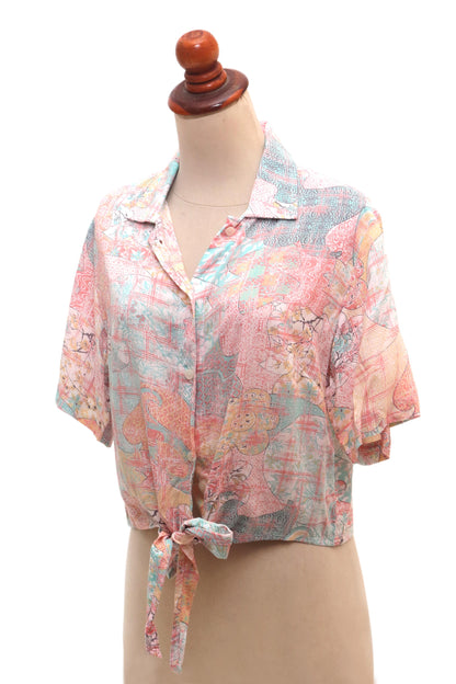 Sekar Jagad Pastel Pink and Aqua Rayon Print Tie Front Blouse