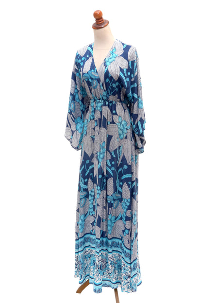 Venus Garden Blue Print Rayon Caftan-Style Maxidress