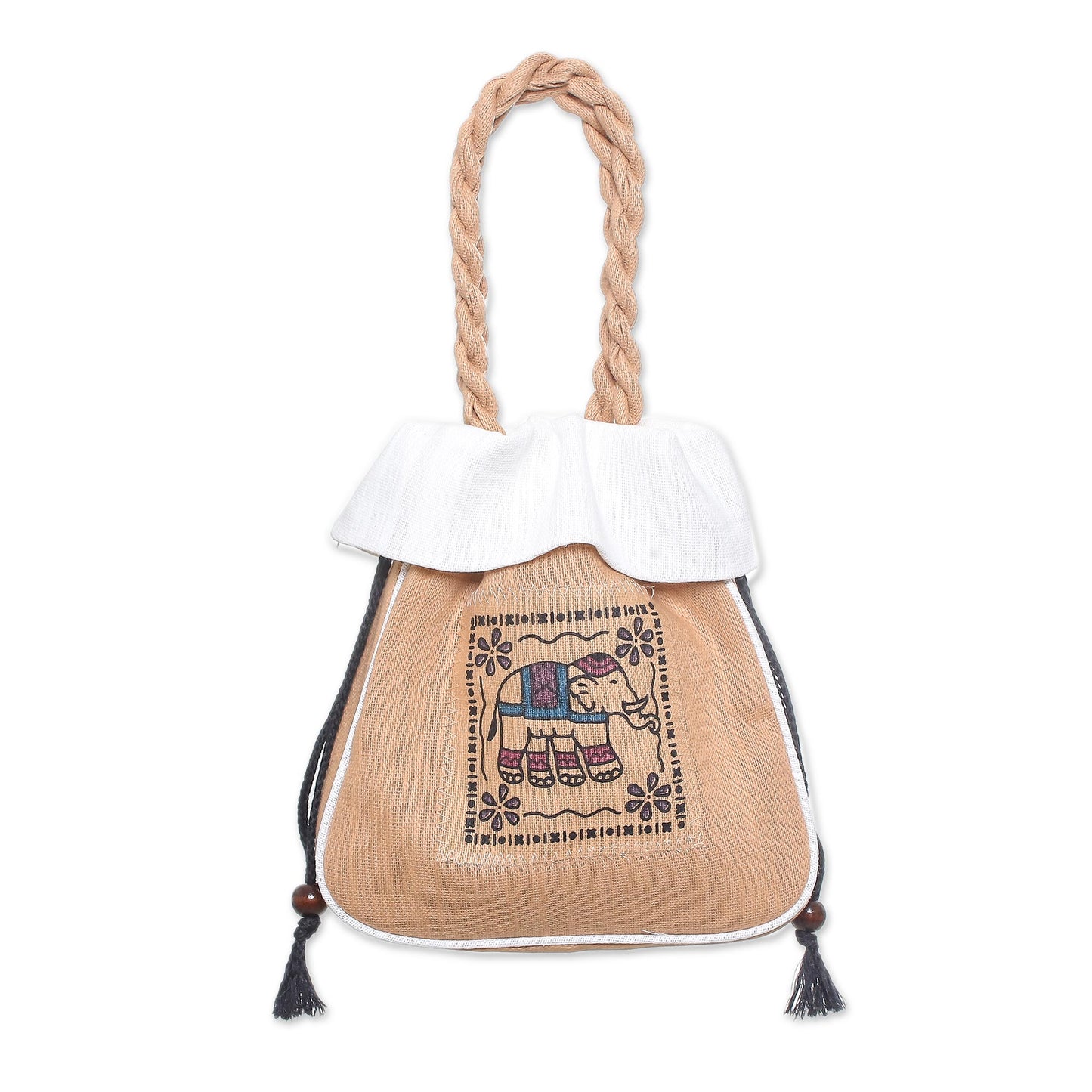 Elephant Caper in White 100% Cotton Tan and White Elephant Motif Cinch-Top Handbag