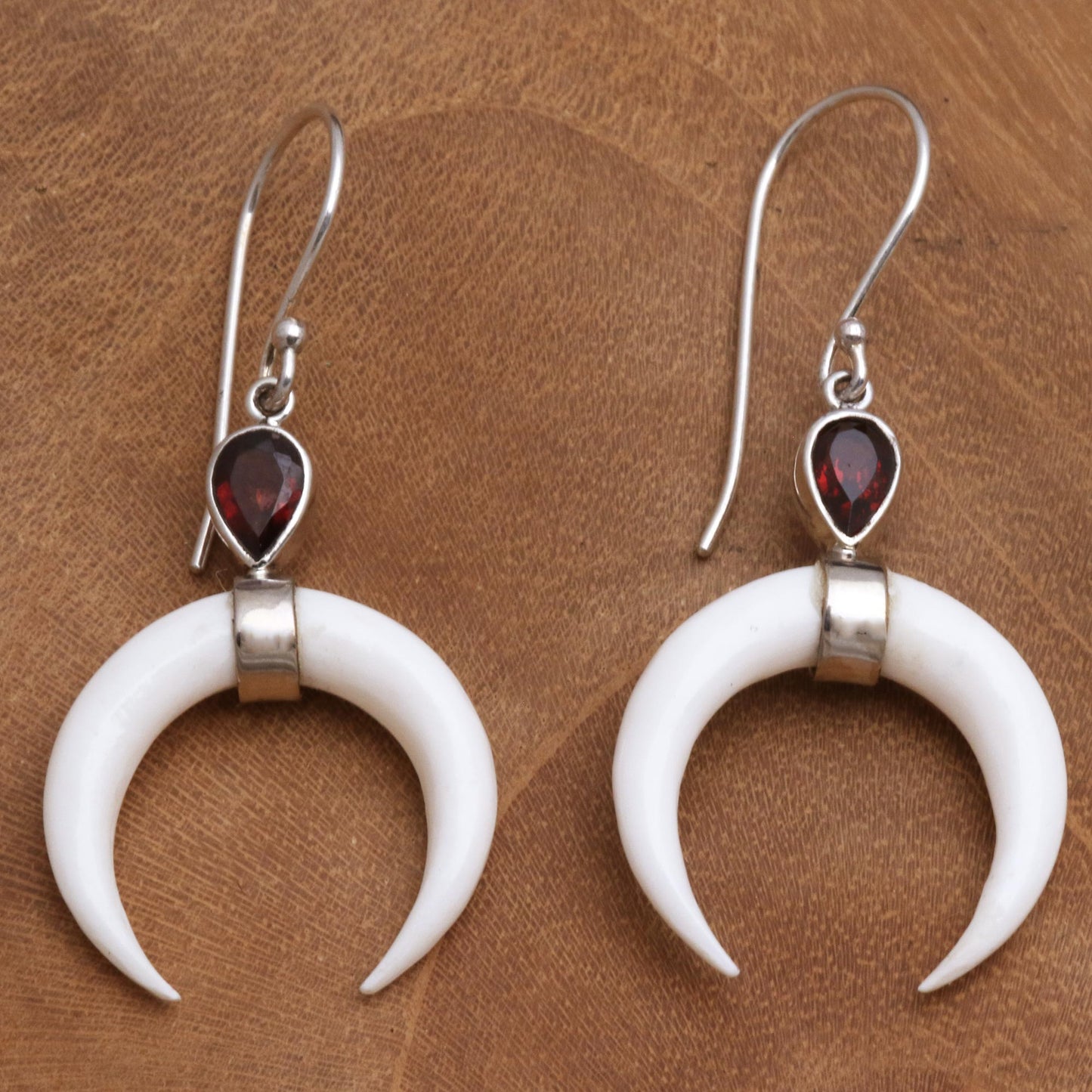 Sanur Crescents Garnet and Crescent Bone Dangle Earrings from Bali