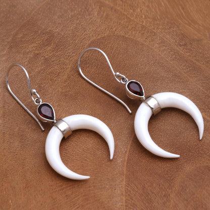 Sanur Crescents Garnet and Crescent Bone Dangle Earrings from Bali