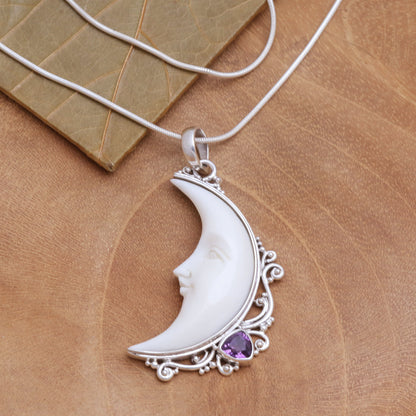 Resting Moon Amethyst and Bone Crescent Moon Pendant Necklace from Bali