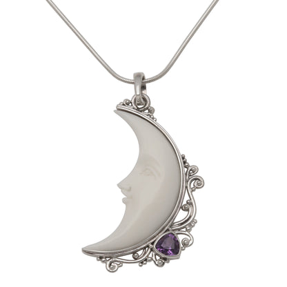 Resting Moon Amethyst and Bone Crescent Moon Pendant Necklace from Bali