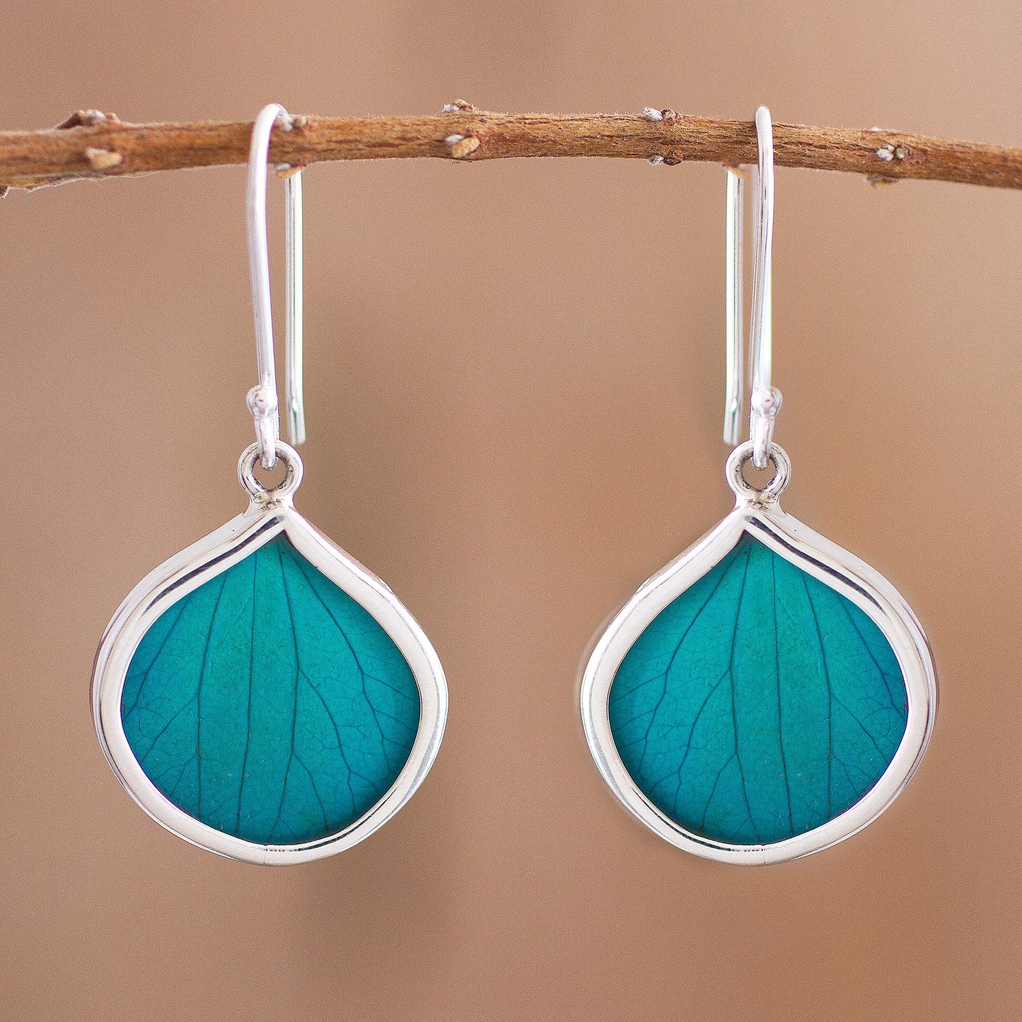 Leaf Drops in Aqua Drop-Shaped Natural Leaf Dangle Earrings in Aqua from Peru