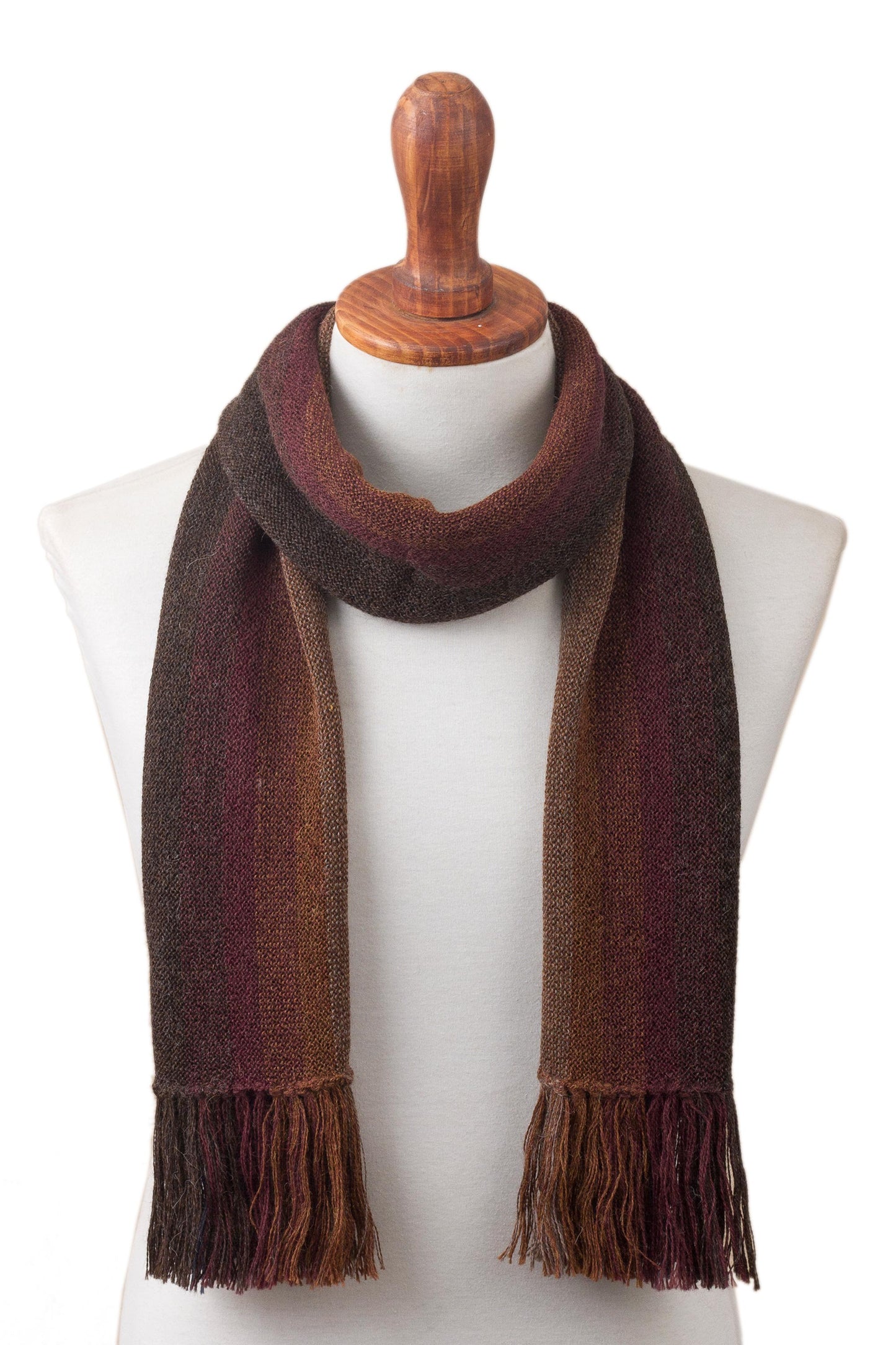 Outcropping Stripes Shades of Brown Burgundy and Blue 100% Alpaca Knit Scarf