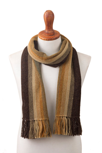 Cliffside Stripes Shades of Brown and Sage Green 100% Alpaca Knit Scarf