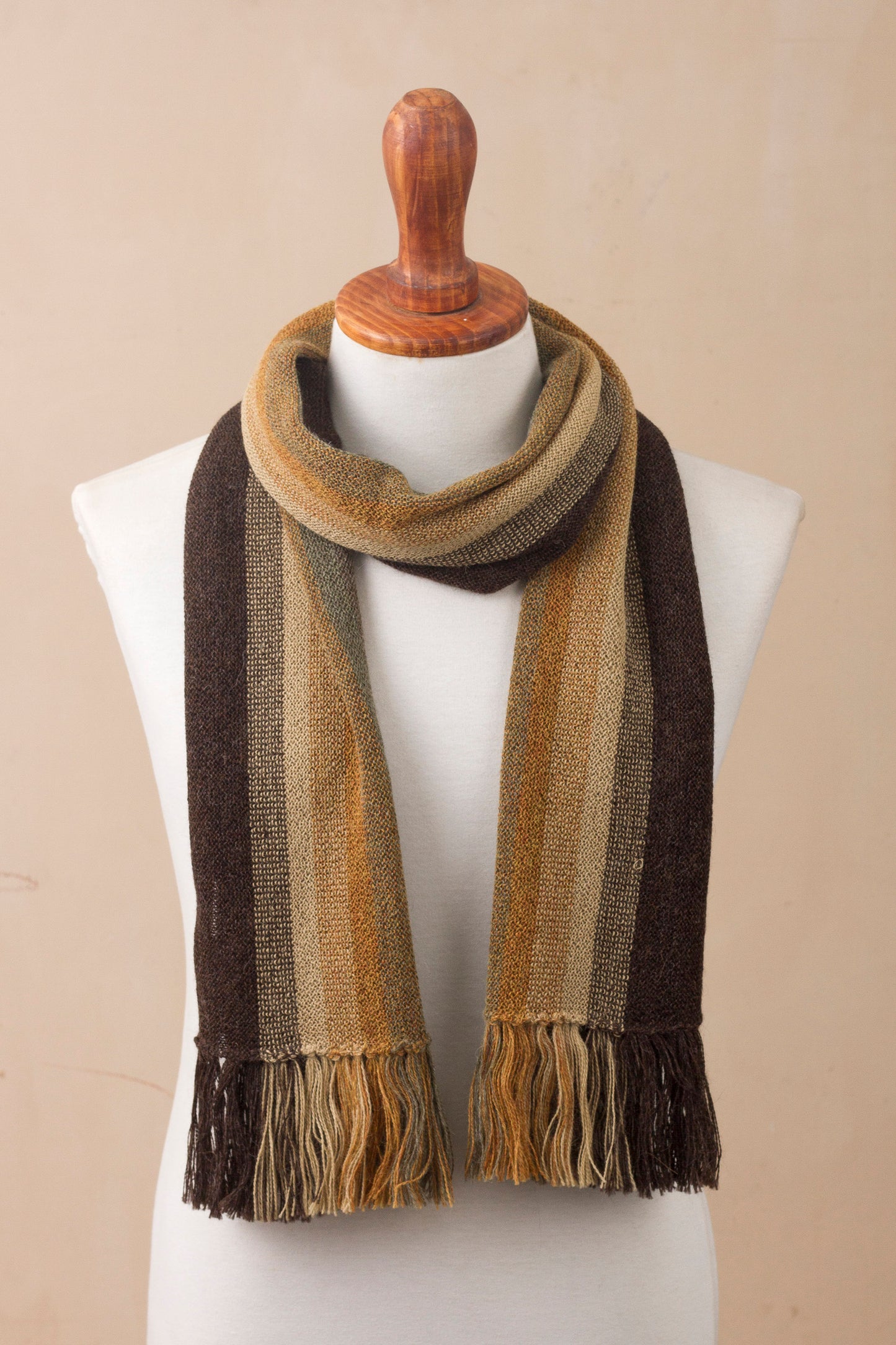 Cliffside Stripes Shades of Brown and Sage Green 100% Alpaca Knit Scarf