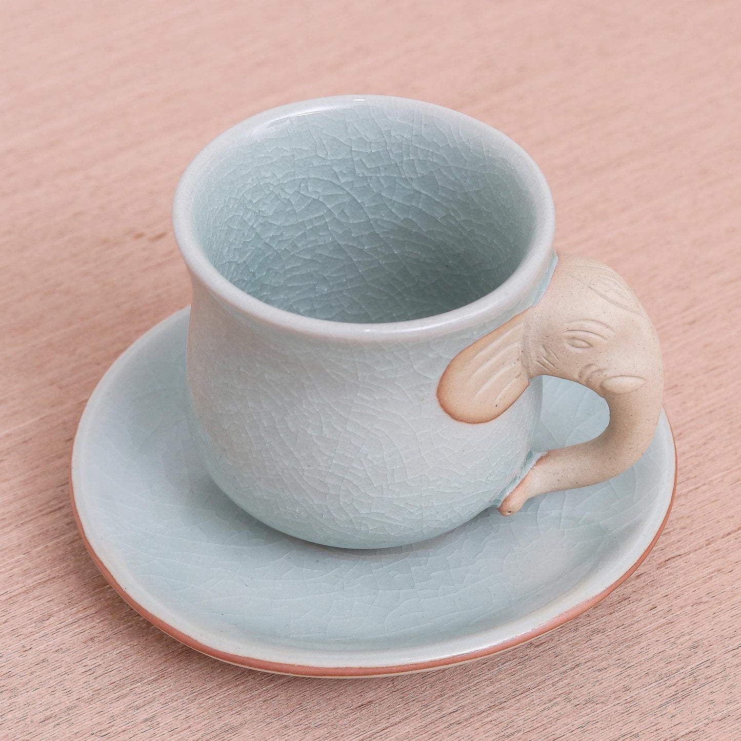 Elephant Gaze Aqua Celadon Cup and Saucer with Elephant Motif