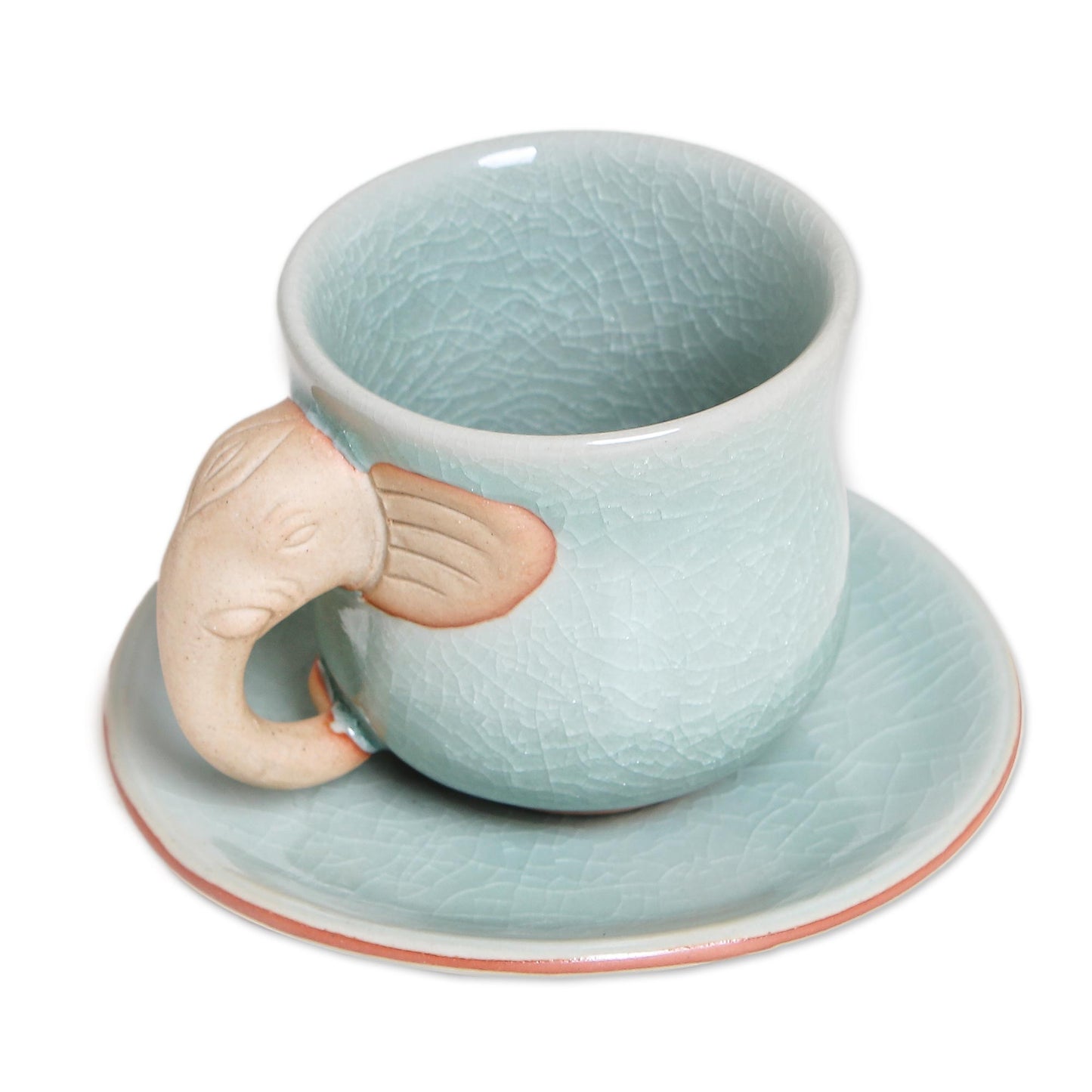 Elephant Gaze Aqua Celadon Cup and Saucer with Elephant Motif