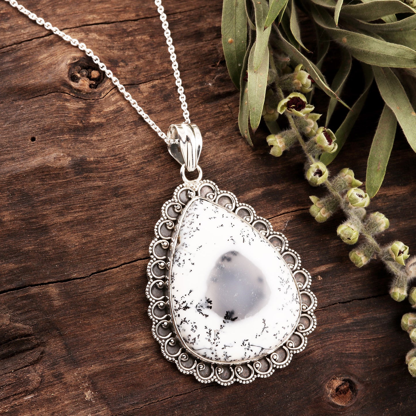 Gathering Storm Dendritic Opal and Sterling Silver Pendant Necklace
