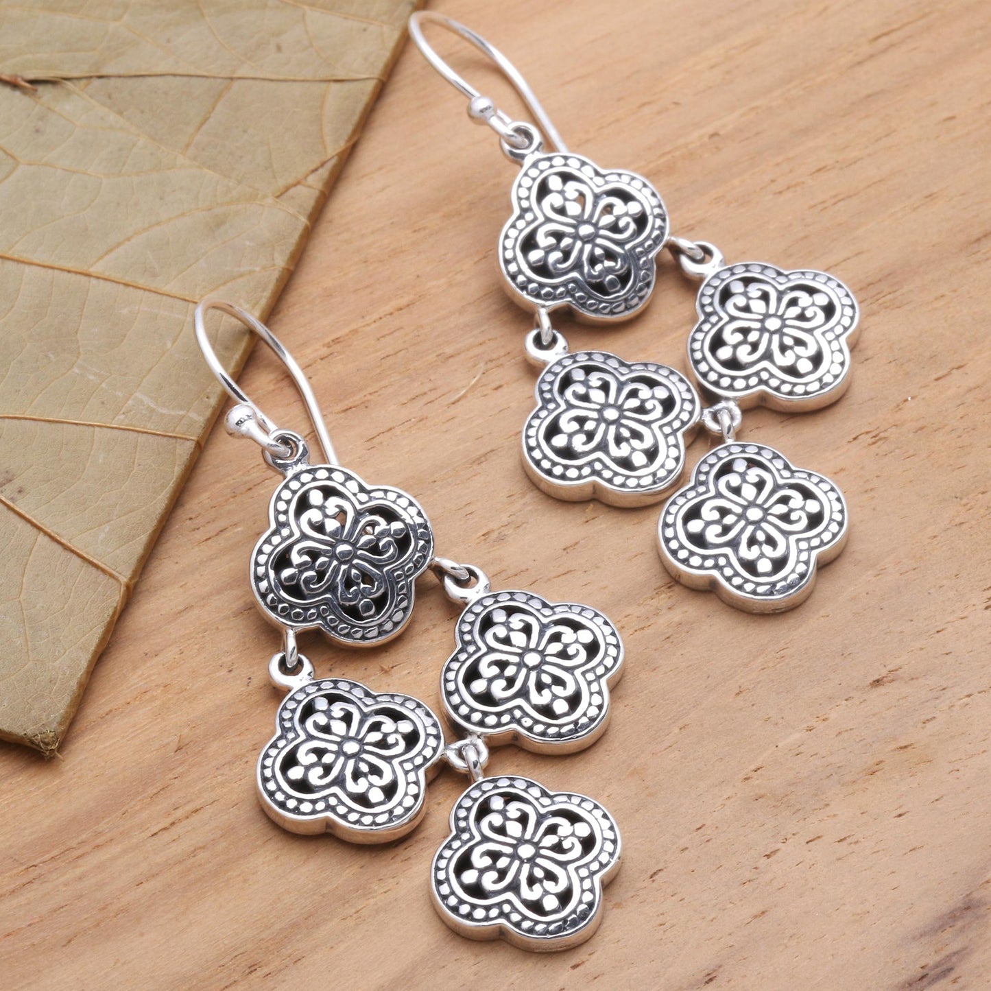 Four-Petaled Flowers Sterling Silver Chandelier Earrings from Bali