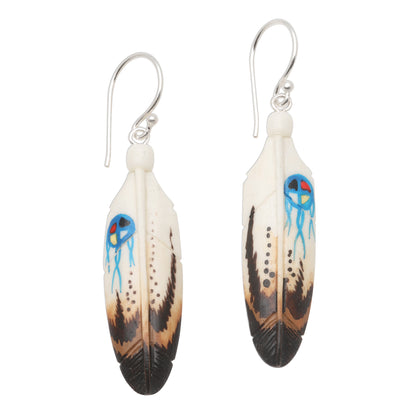 Fanciful Feathers Handcrafted Carved Bone Painted Feather Theme Earrings