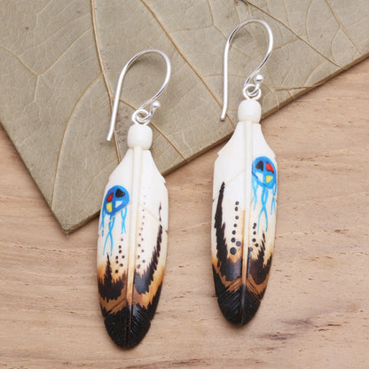 Fanciful Feathers Handcrafted Carved Bone Painted Feather Theme Earrings