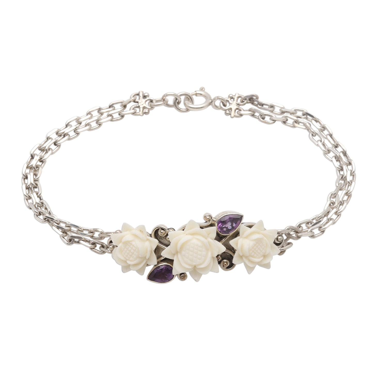 Ivory Lotus Silver and Amethyst Bracelet with Carved Bone Flowers