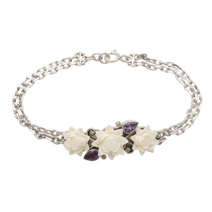 Ivory Lotus Silver and Amethyst Bracelet with Carved Bone Flowers