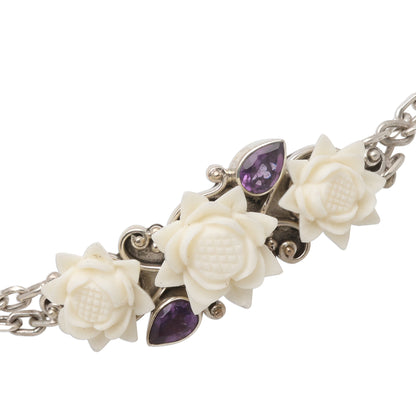 Ivory Lotus Silver and Amethyst Bracelet with Carved Bone Flowers